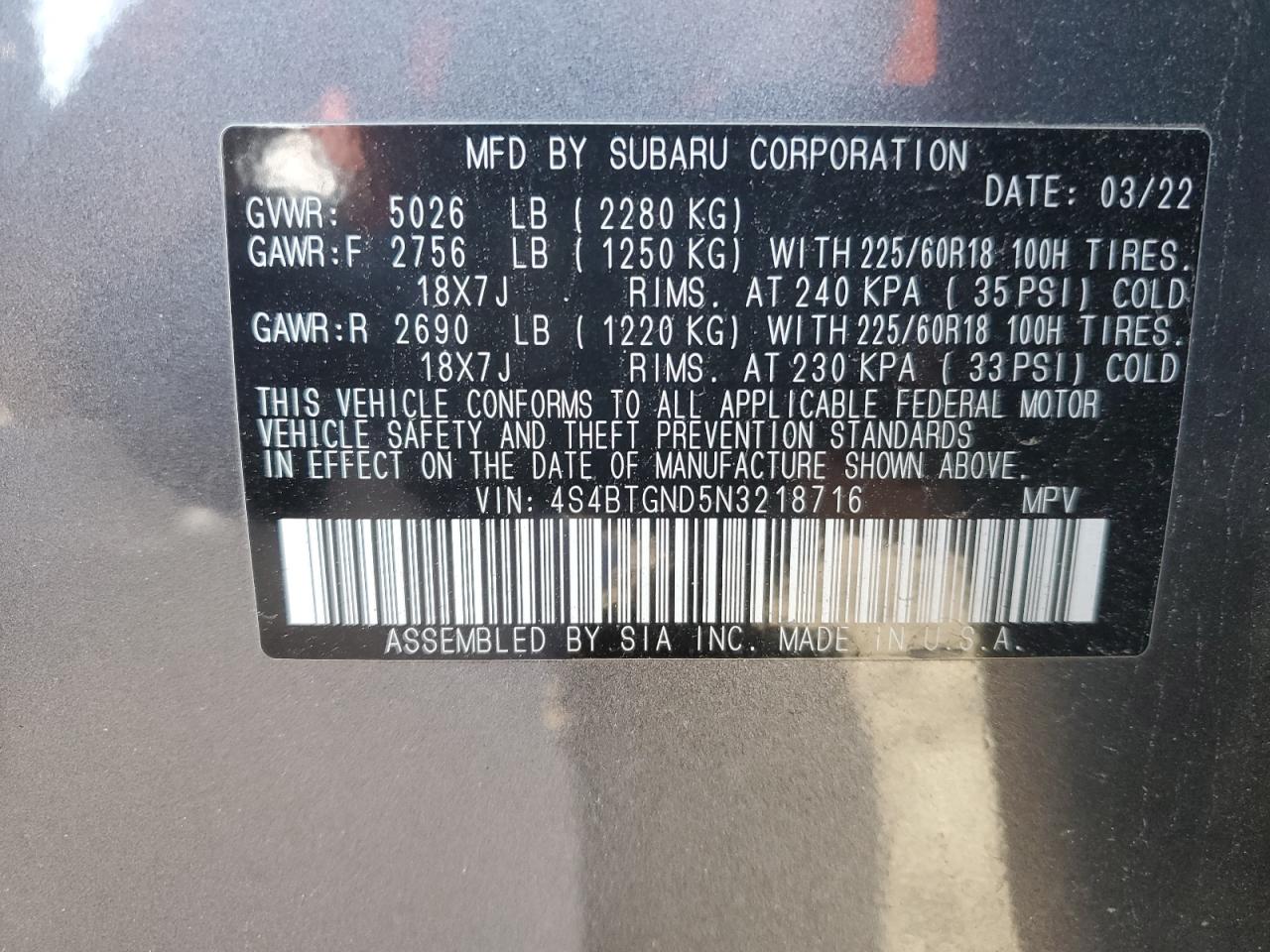 2022 SUBARU OUTBACK LIMITED XT VIN:4S4BTGND5N3218716