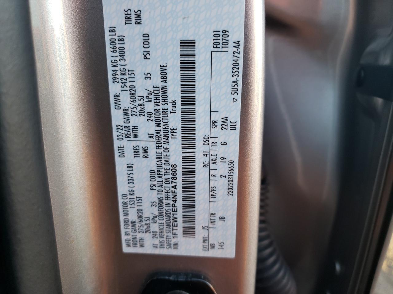 2022 FORD F150 SUPERCREW VIN:1FTEW1EP4NFA78608