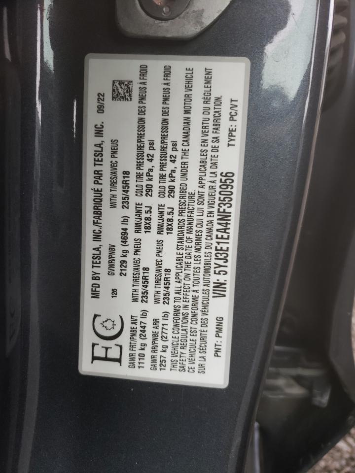2022 TESLA MODEL 3 VIN:5YJ3E1EA4NF350956