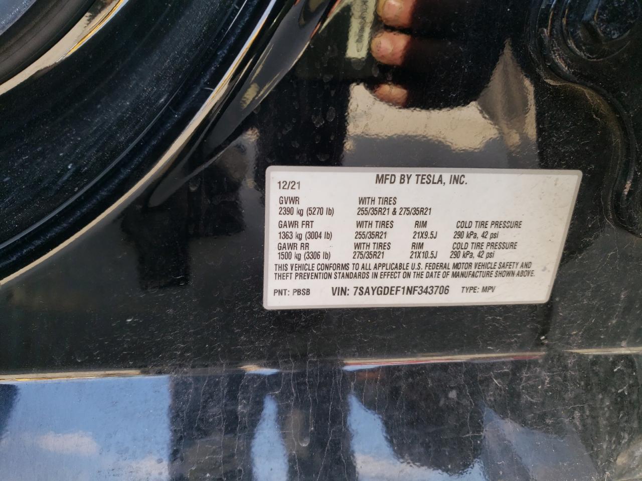 2022 TESLA MODEL Y VIN:7SAYGDEF1NF343706