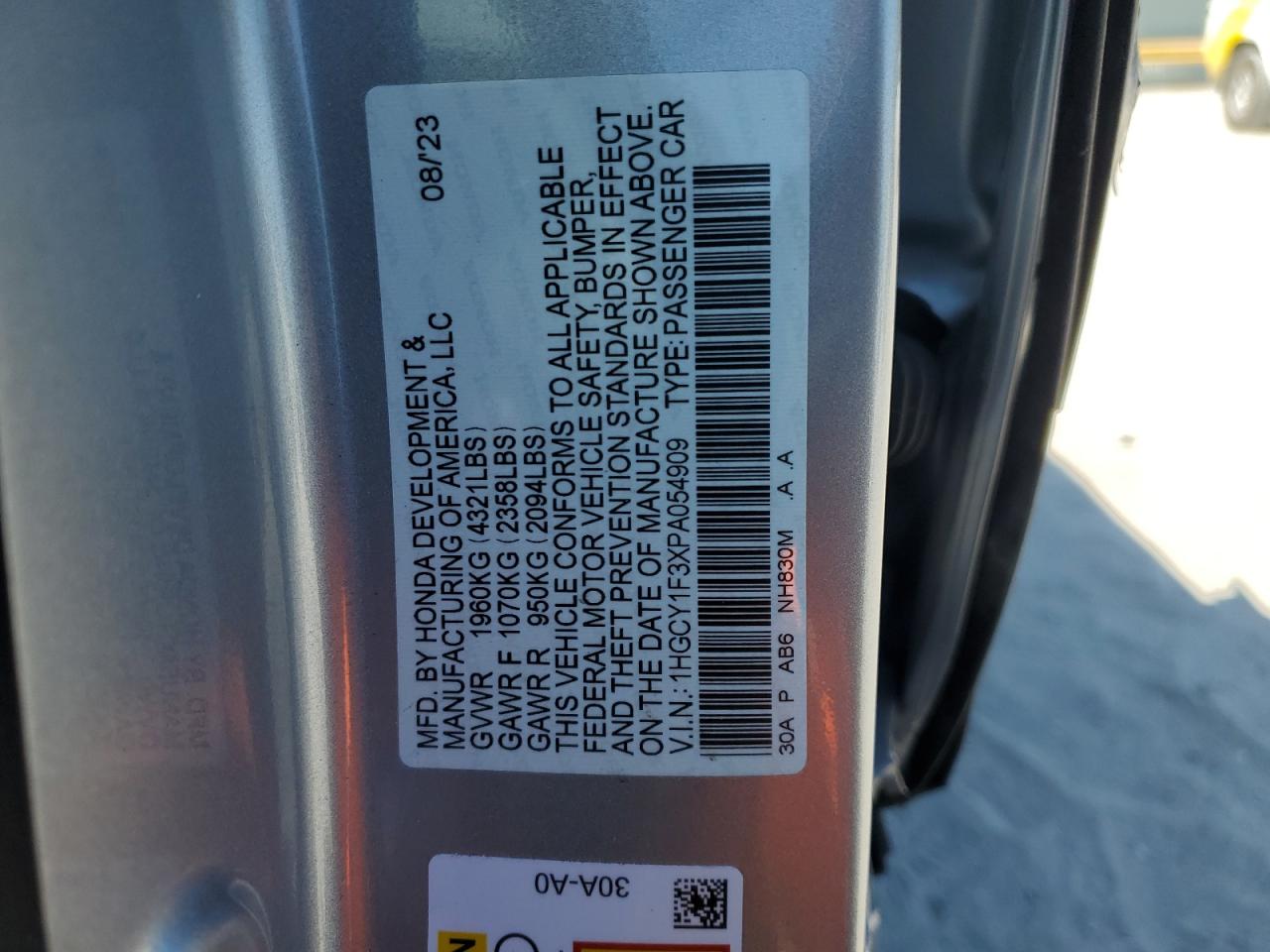 2023 HONDA ACCORD EX VIN:1HGCY1F3XPA054909