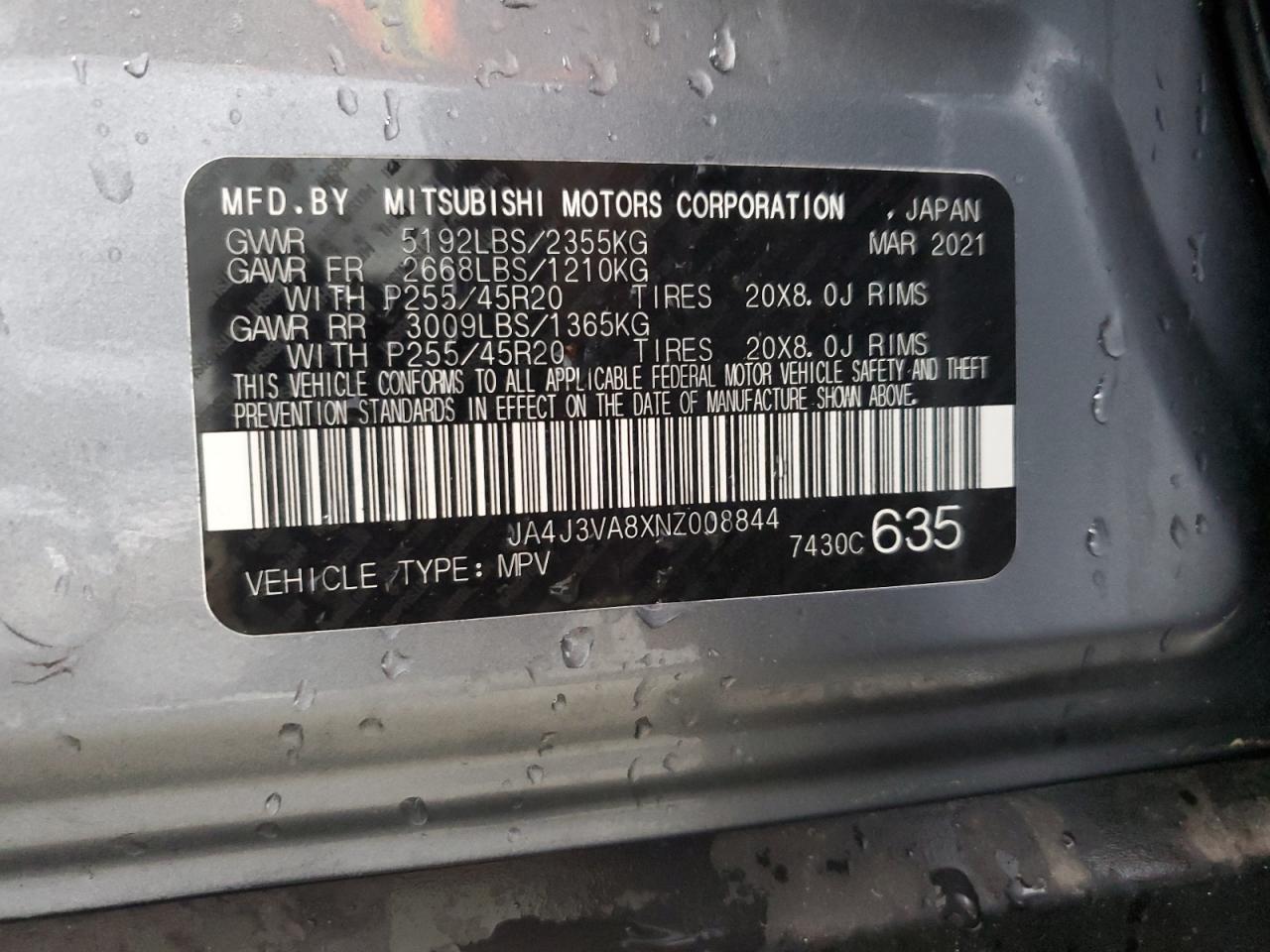 2022 MITSUBISHI OUTLANDER SEL VIN:JA4J3VA8XNZ008844