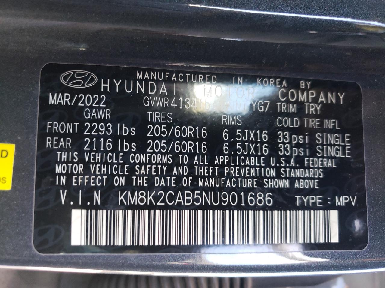 2022 HYUNDAI KONA SEL VIN:KM8K2CAB5NU901686
