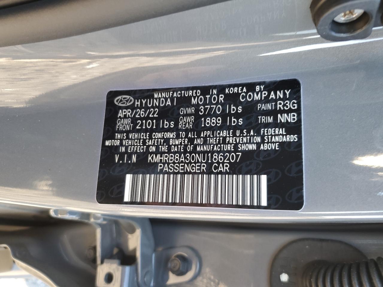 2022 HYUNDAI VENUE SE VIN:KMHRB8A30NU186207