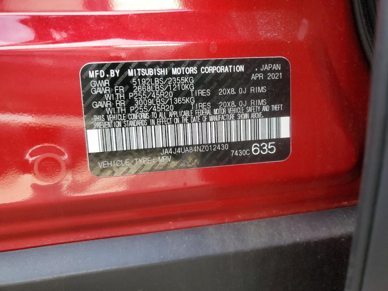 2022 MITSUBISHI OUTLANDER SE VIN:JA4J4UA84NZ012430