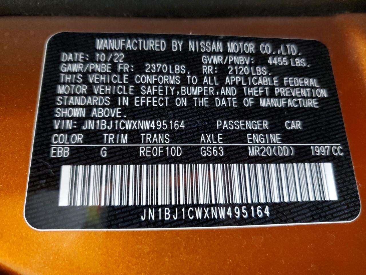 2022 NISSAN ROGUE SPORT SL VIN:JN1BJ1CWXNW495164