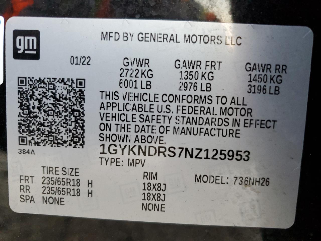 2022 CADILLAC XT5 PREMIUM LUXURY VIN:1GYKNDRS7NZ125953