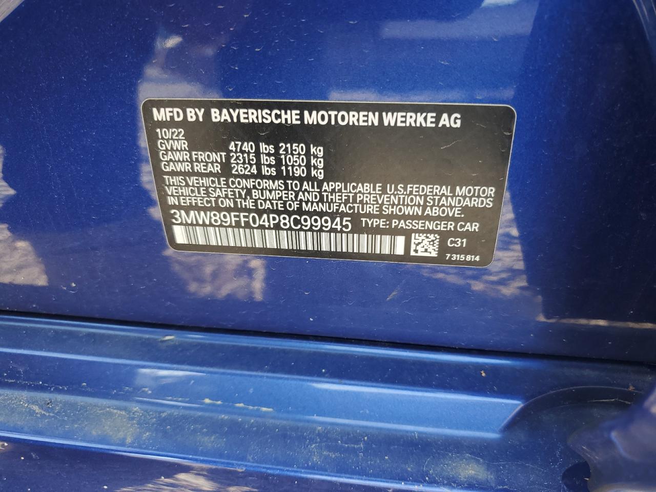 2023 BMW 330XI VIN:3MW89FF04P8C99945