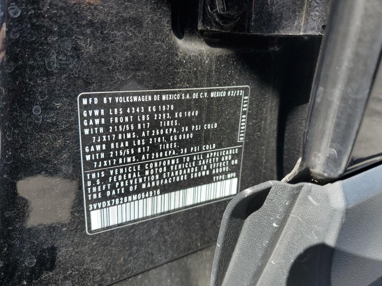 2022 VOLKSWAGEN TAOS S VIN:3VVDX7B28NM054916