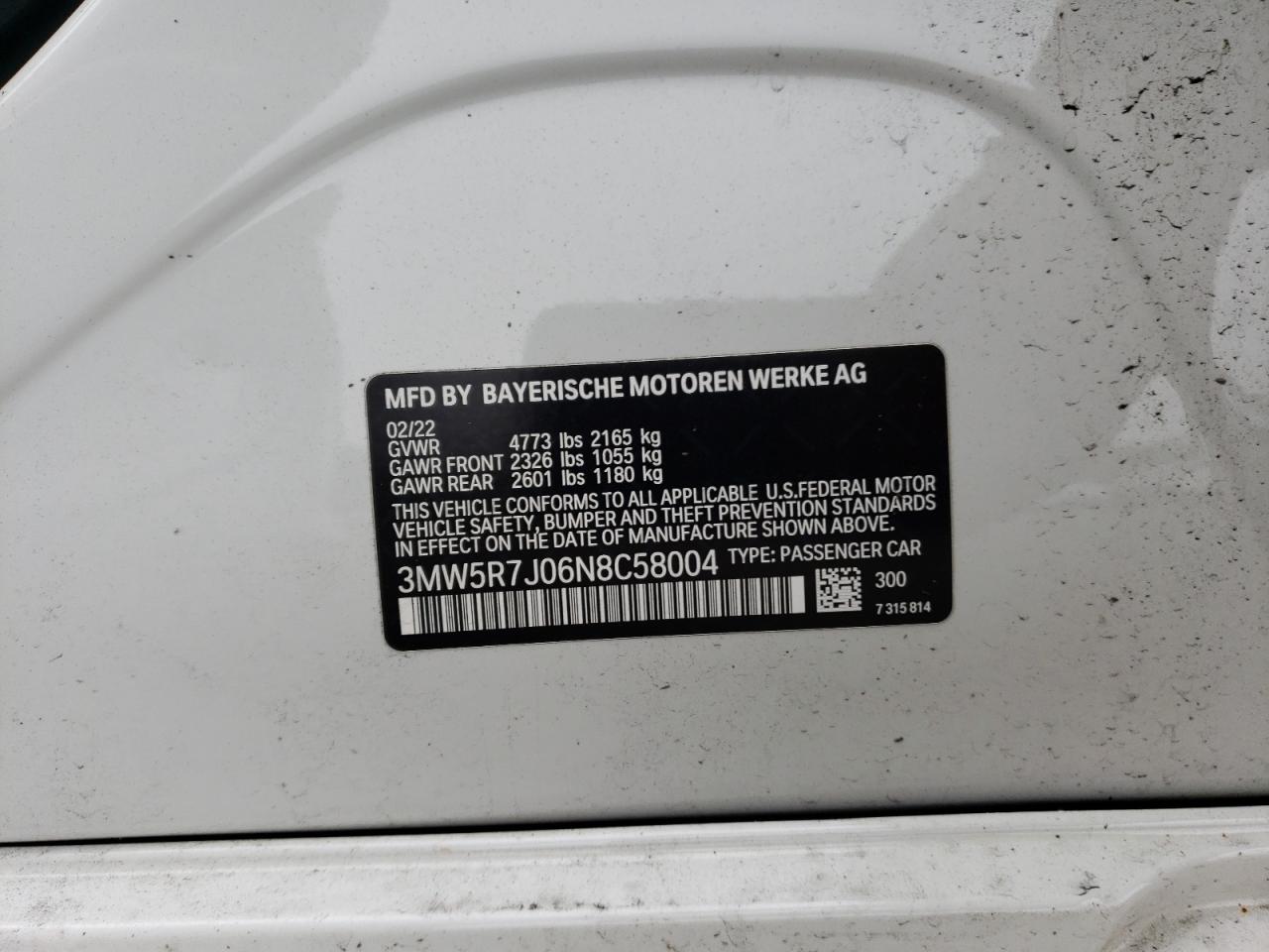 2022 BMW 330XI VIN:3MW5R7J06N8C58004