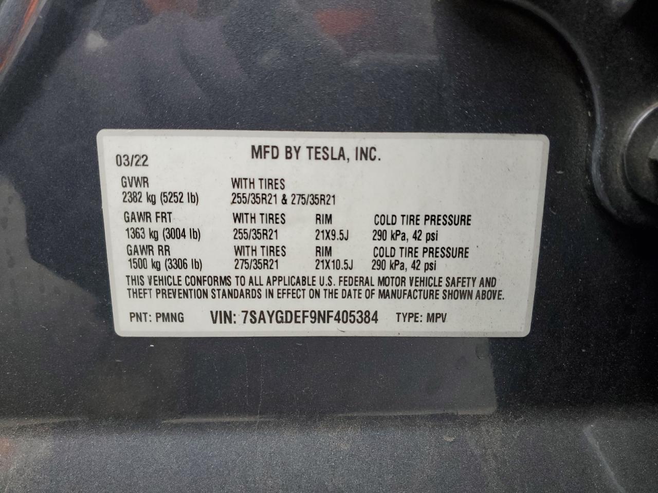 2022 TESLA MODEL Y VIN:7SAYGDEF9NF405384