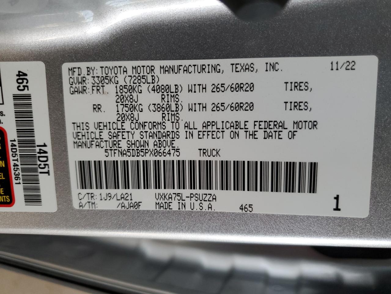 2023 TOYOTA TUNDRA CREWMAX PLATINUM VIN:5TFNA5DB5PX066475