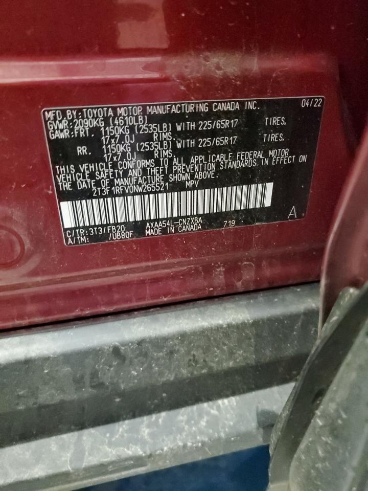 2022 TOYOTA RAV4 LE VIN:2T3F1RFV0NW265521