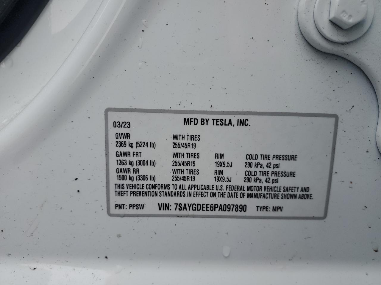 2023 TESLA MODEL Y VIN:7SAYGDEE6PA097890