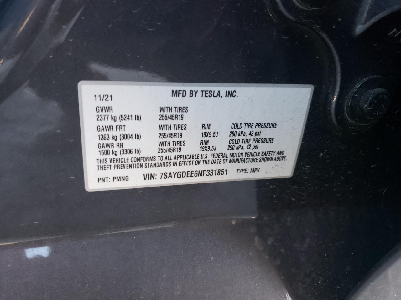2022 TESLA MODEL Y VIN:7SAYGDEE6NF331851