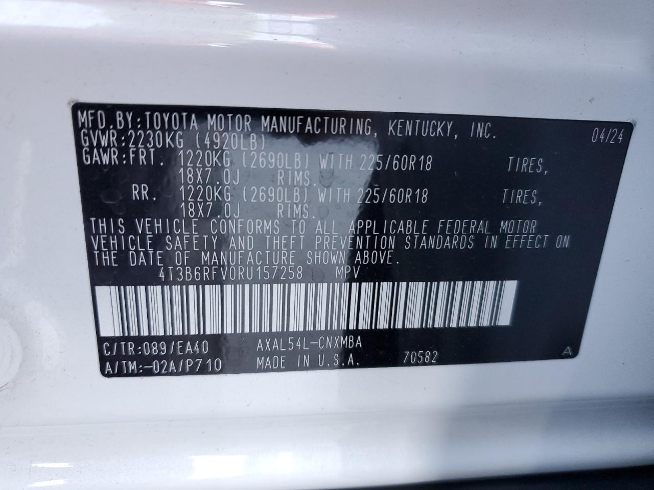 2024 TOYOTA RAV4 XLE PREMIUM VIN:4T3B6RFV0RU157258