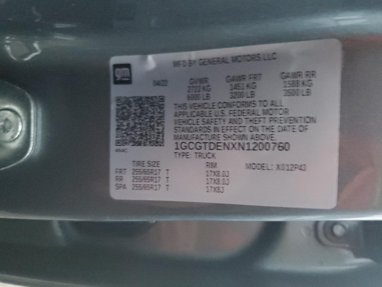 2022 CHEVROLET COLORADO Z71 VIN:1GCGTDENXN1200760