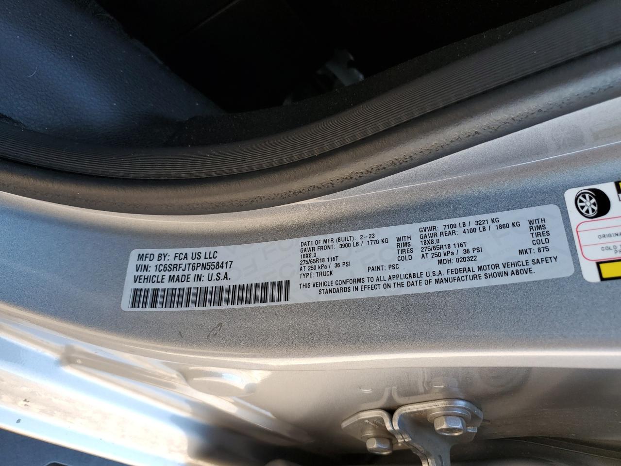 2023 RAM 1500 LARAMIE VIN:1C6SRFJT6PN558417