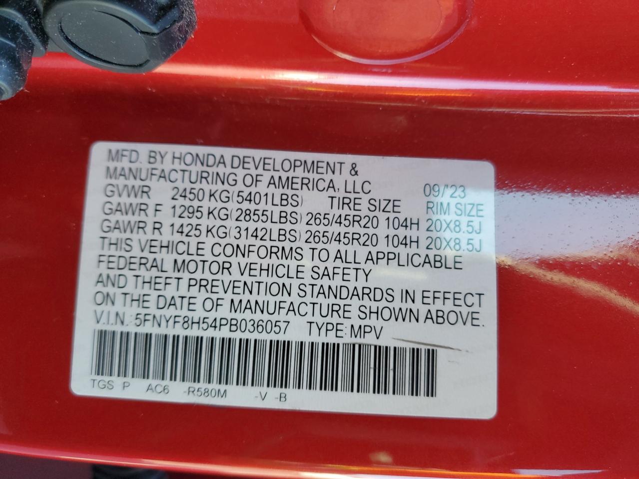 2023 HONDA PASSPORT EXL VIN:5FNYF8H54PB036057