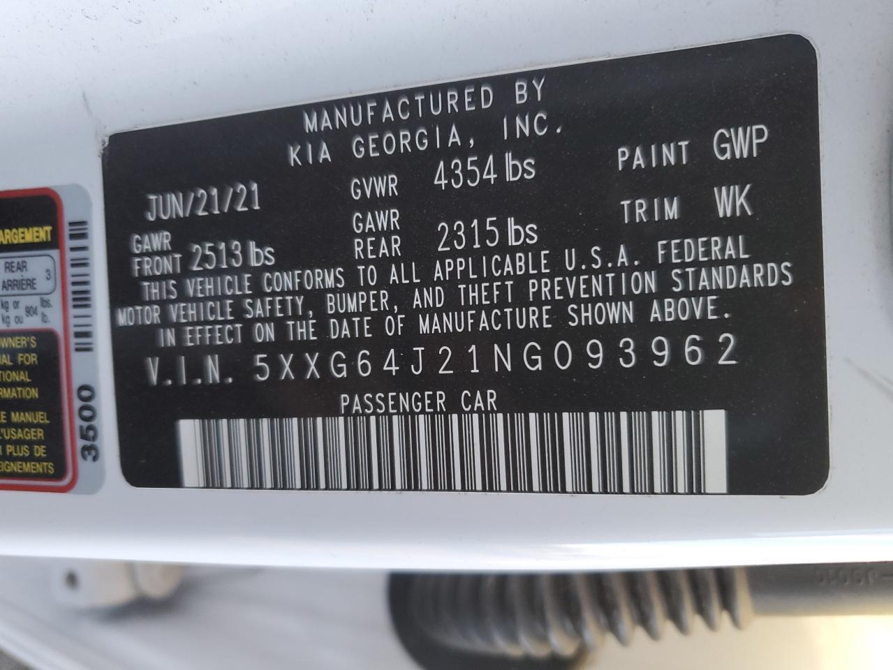 2022 KIA K5 GT LINE VIN:1G1PA5SH6E7143988