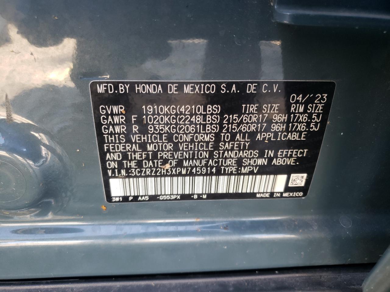 2023 HONDA HR-V LX VIN:3CZRZ2H3XPM745914