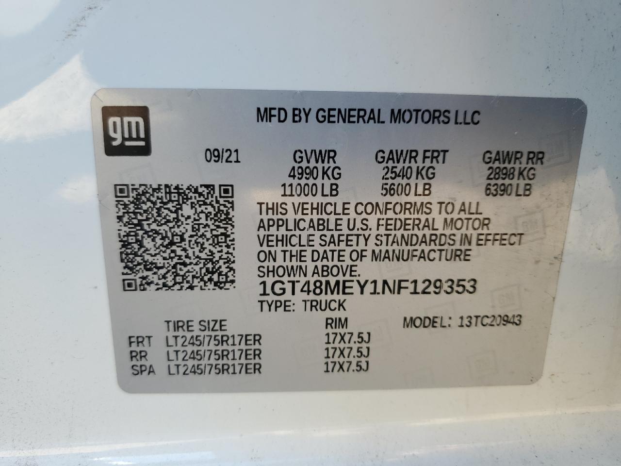 2022 GMC SIERRA C2500 SLE VIN:1GT48MEY1NF129353