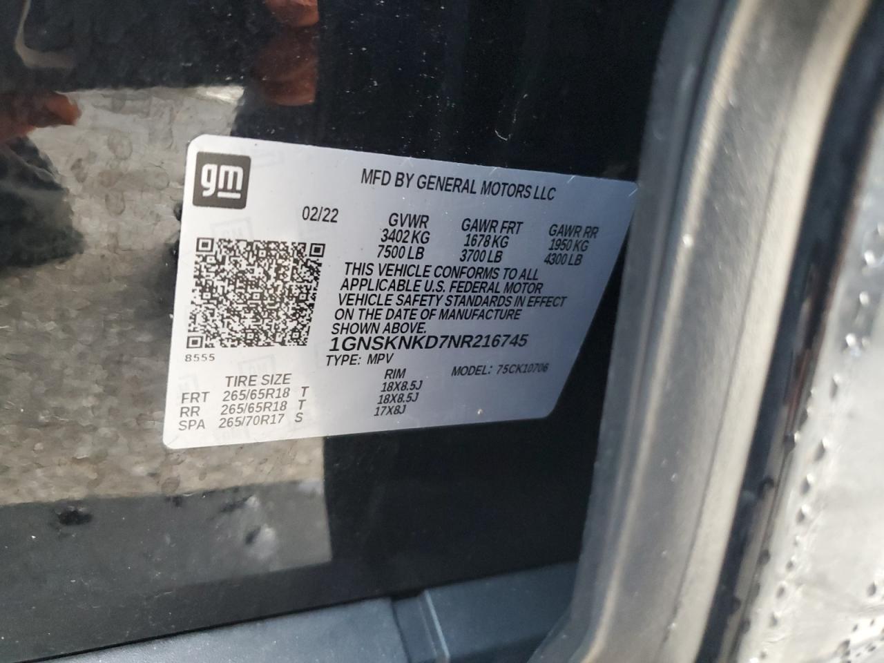 2022 CHEVROLET TAHOE K1500 LT VIN:1GNSKNKD7NR216745