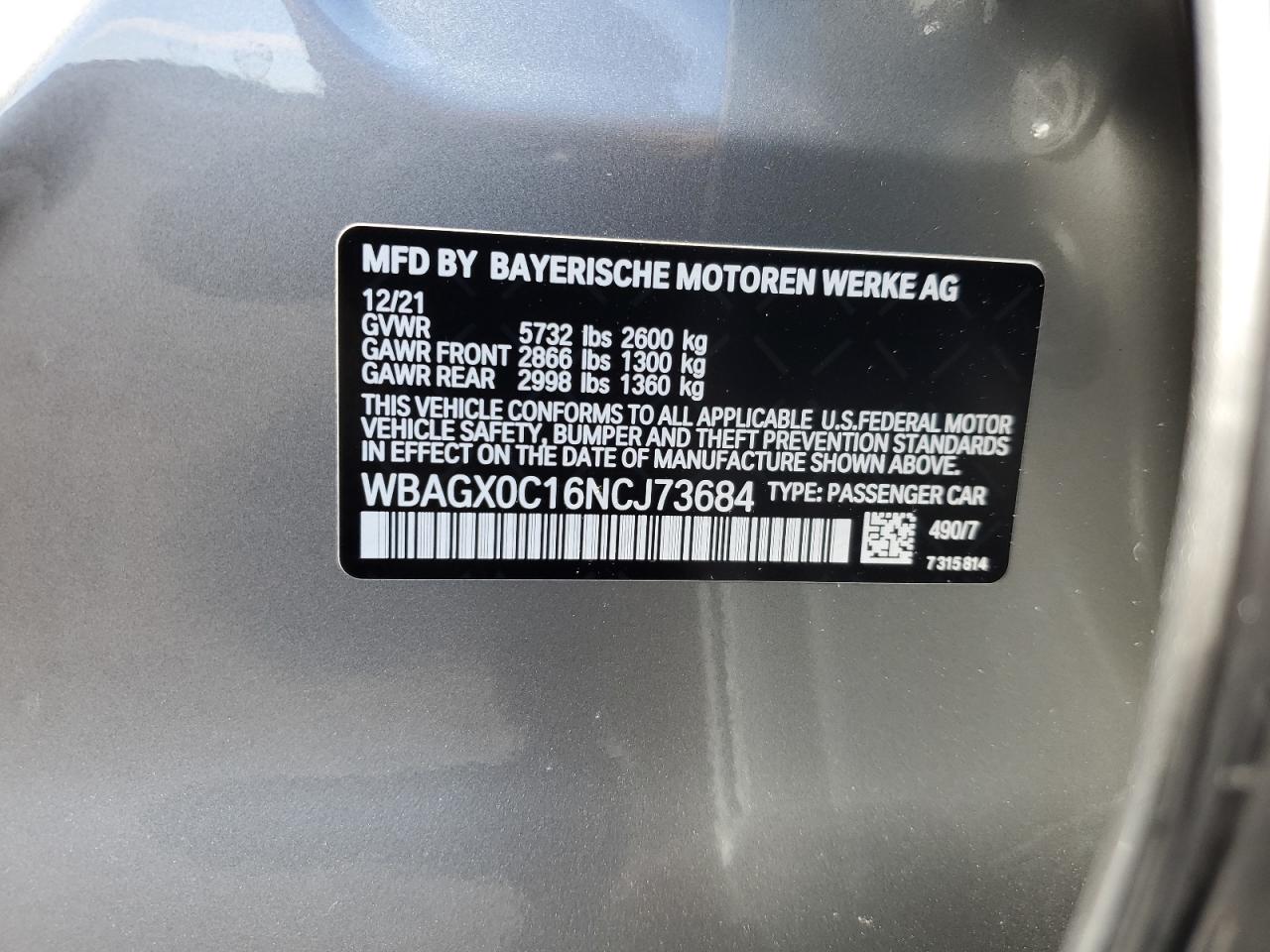 2022 BMW ALPINA B8 VIN:WBAGX0C16NCJ73684