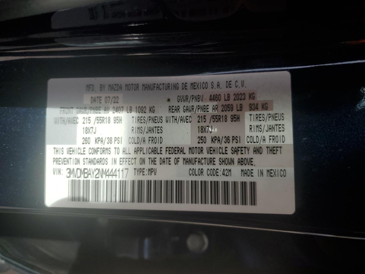 2022 MAZDA CX-30 VIN:3MVDMBAY2NM444117