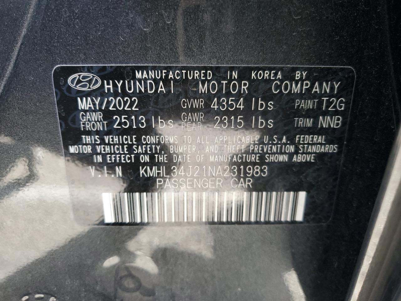 2022 HYUNDAI SONATA LIMITED VIN:KMHL34J21NA231983