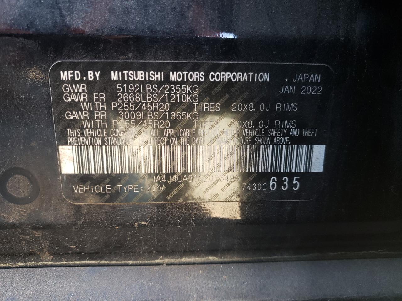 2022 MITSUBISHI OUTLANDER SE VIN:JA4J4UA81NZ063495