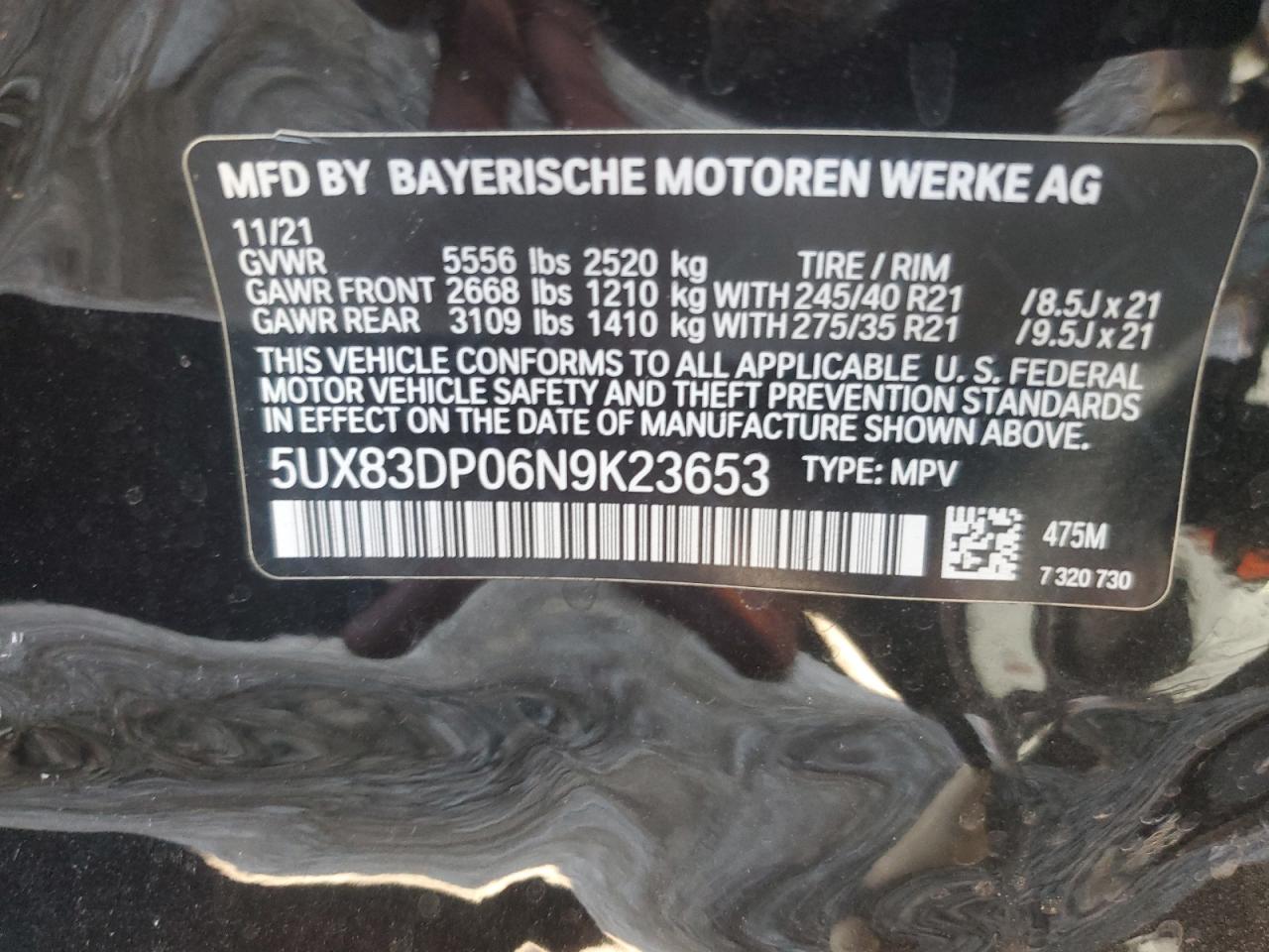 2022 BMW X3 M40I VIN:5UX83DP06N9K23653