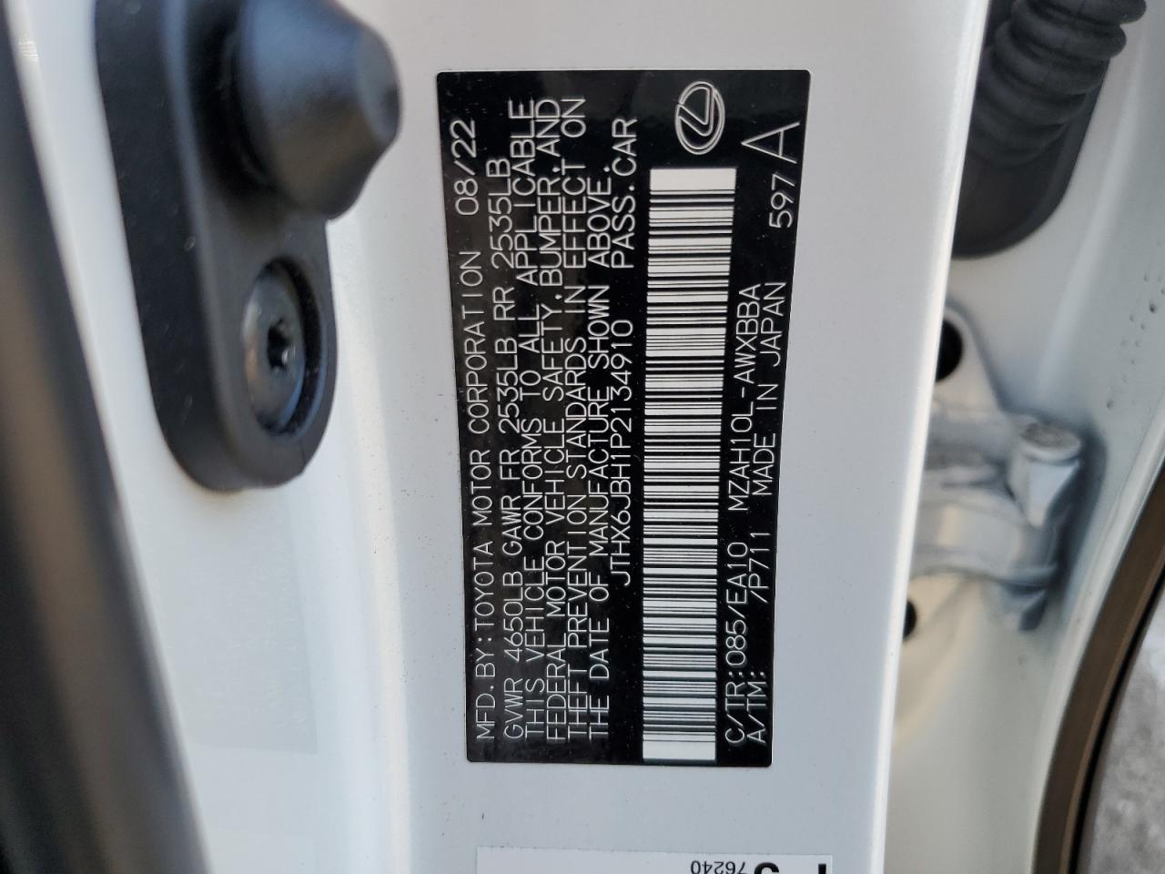 2023 LEXUS UX 250H BASE VIN:JTHX6JBH1P2134910