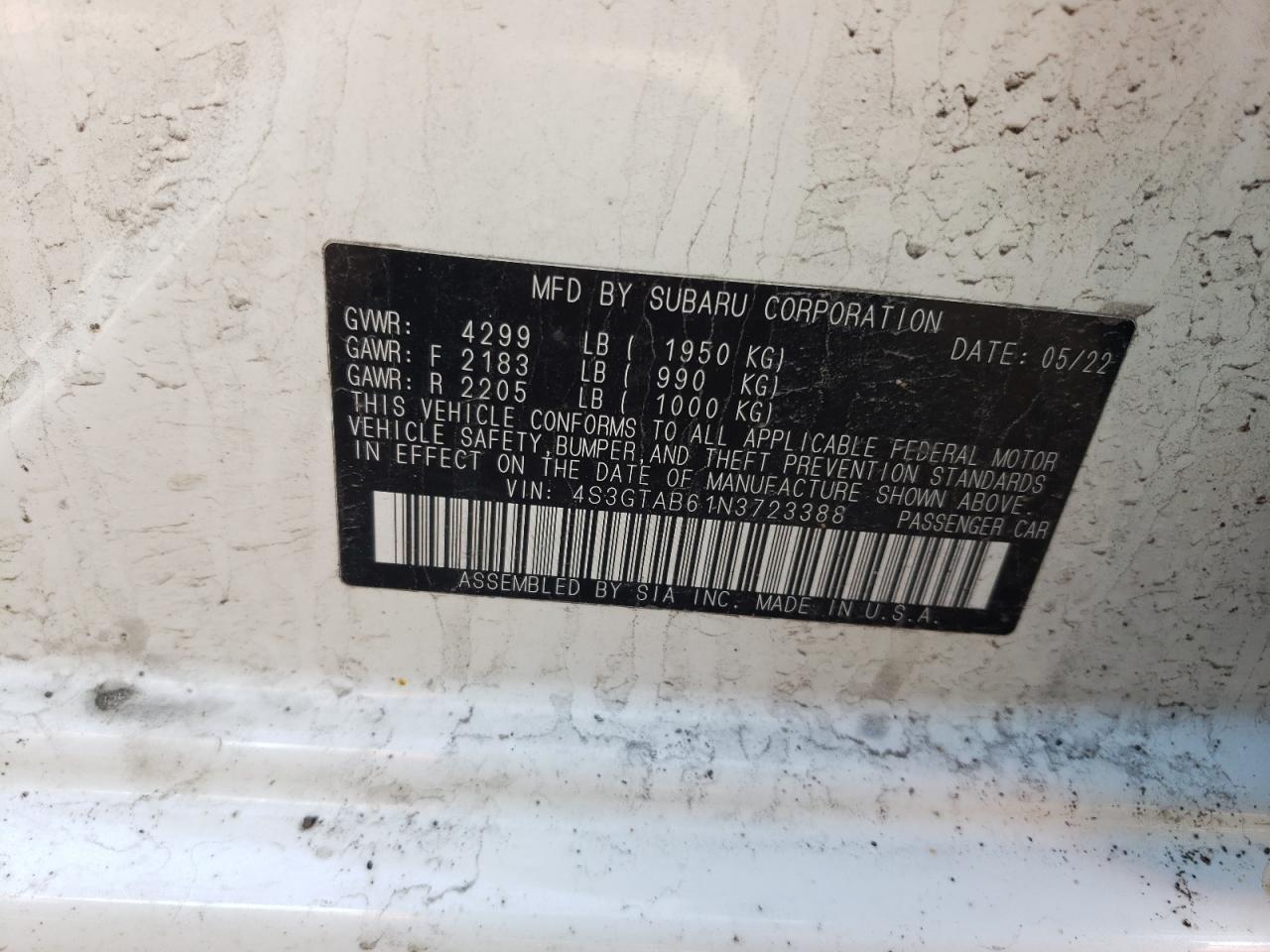 2022 SUBARU IMPREZA VIN:4S3GTAB61N3723388