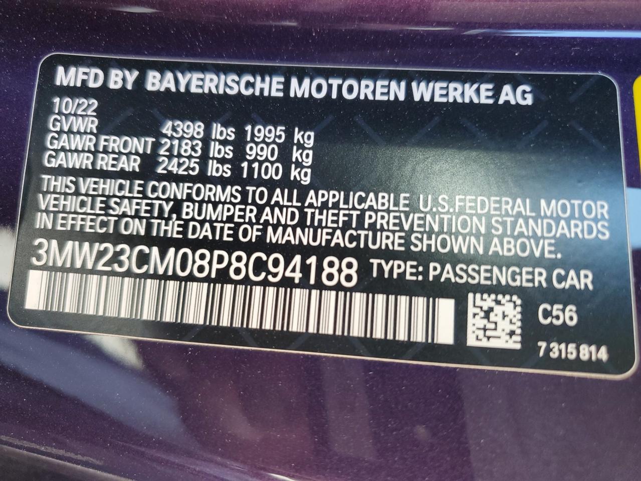 2023 BMW 230I VIN:3MW23CM08P8C94188