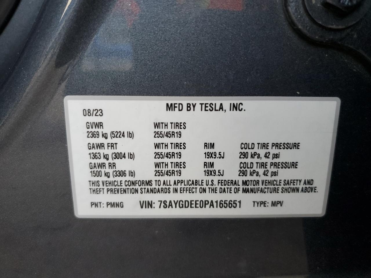 2023 TESLA MODEL Y VIN:7SAYGDEE0PA165651
