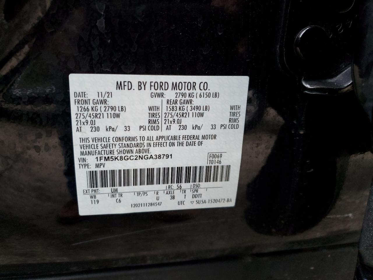 2022 FORD EXPLORER ST VIN:1FM5K8GC2NGA38791