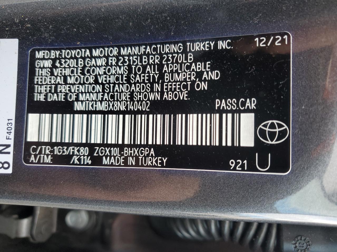 2022 TOYOTA C-HR XLE VIN:NMTKHMBX8NR140402