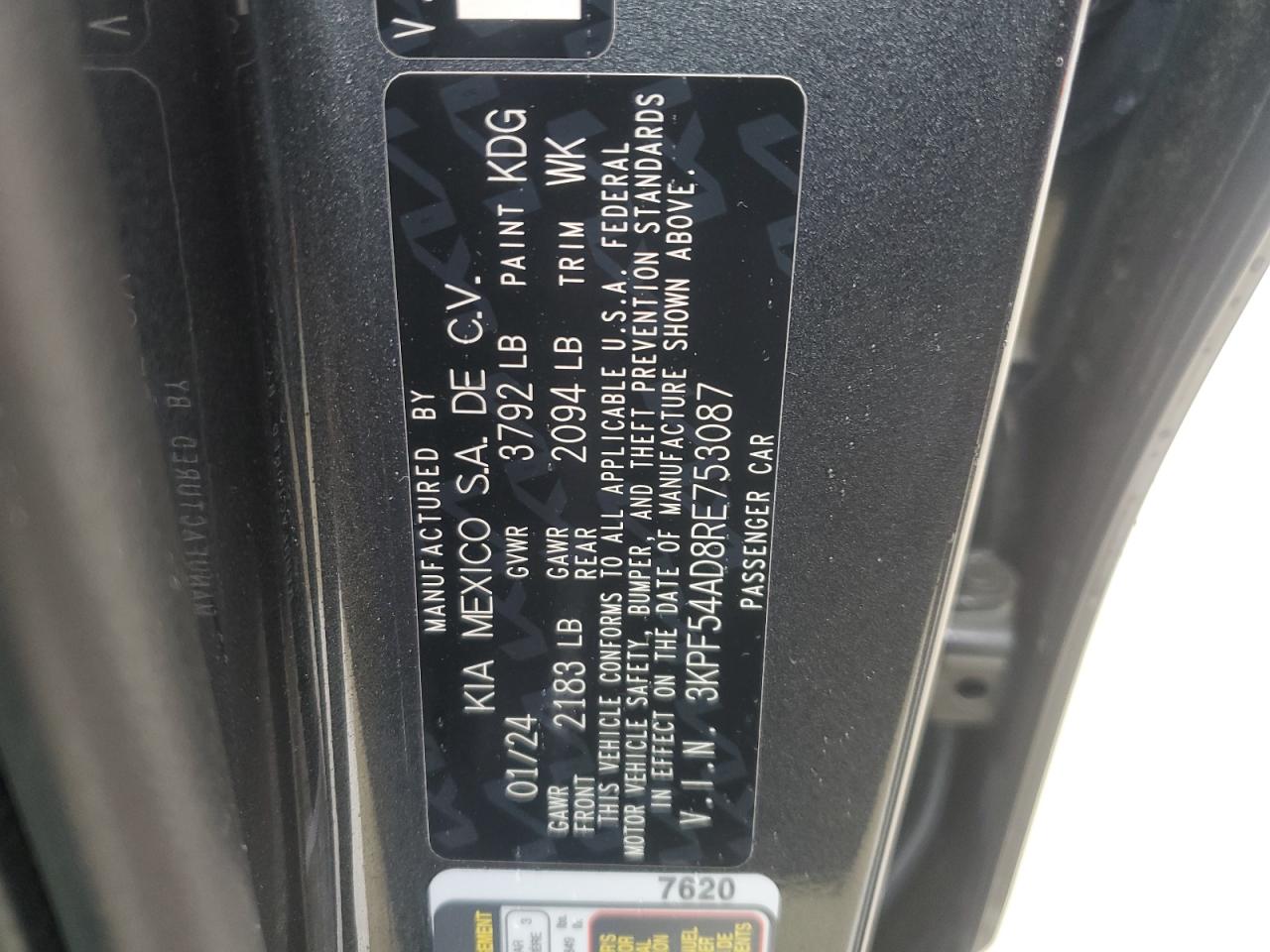 2024 KIA FORTE GT LINE VIN:3KPF54AD8RE753087