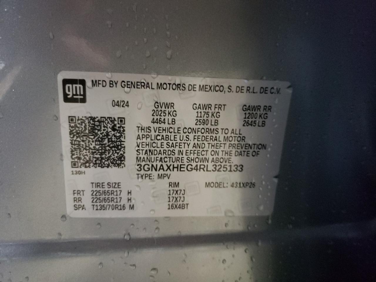 2024 CHEVROLET EQUINOX LS VIN:3GNAXHEG4RL325133