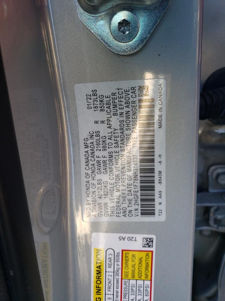 2022 HONDA CIVIC EX VIN:2HGFE1F78NH314537