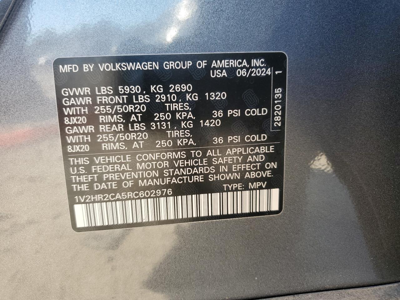 2024 VOLKSWAGEN ATLAS SE VIN:1V2HR2CA5RC602976