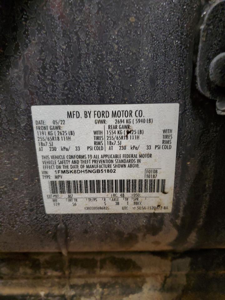 2022 FORD EXPLORER XLT VIN:1FMSK8DH5NGB51802