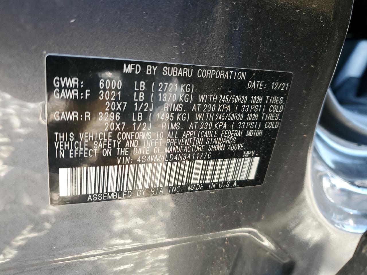 2022 SUBARU ASCENT LIMITED VIN:4S4WMALD4N3411776