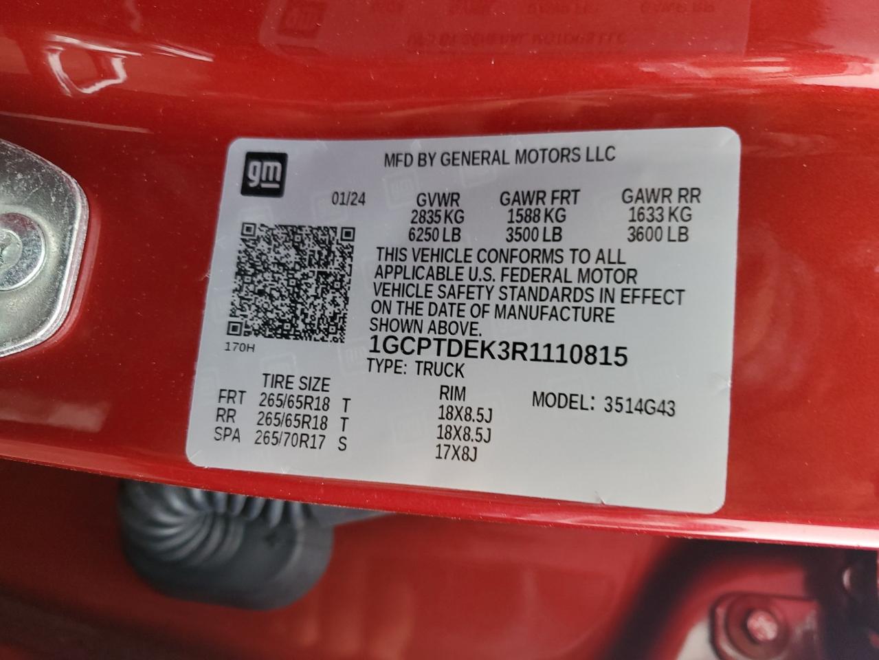 2024 CHEVROLET COLORADO Z71 VIN:1GCPTDEK3R1110815