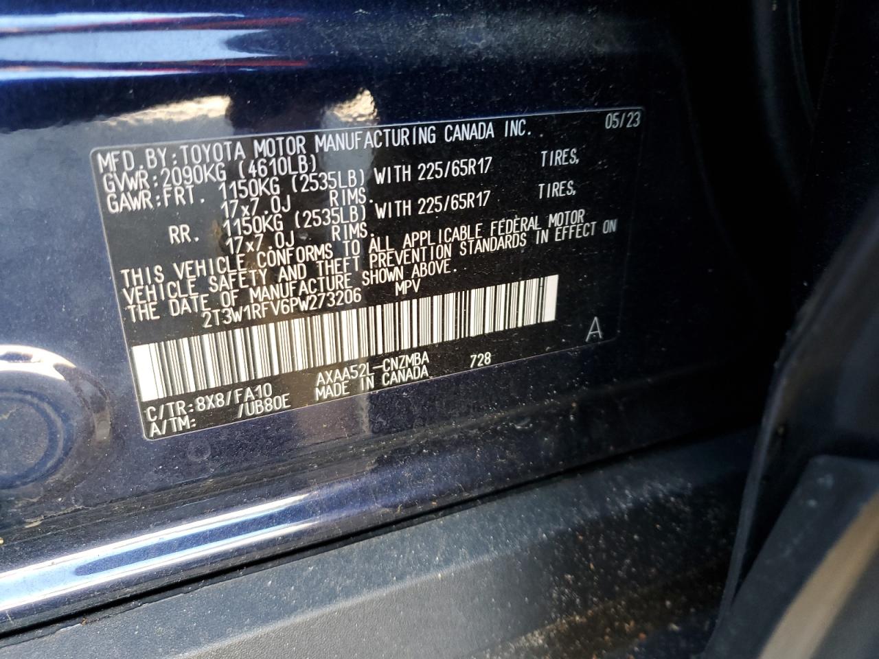 2023 TOYOTA RAV4 XLE VIN:2T3W1RFV6PW273206