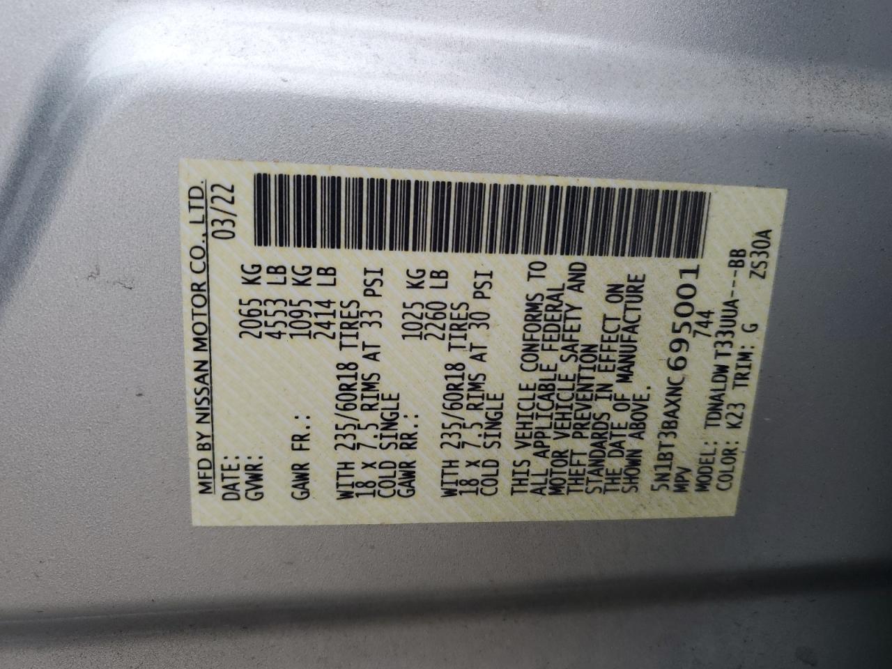 2022 NISSAN ROGUE SV VIN:5N1BT3BAXNC695001