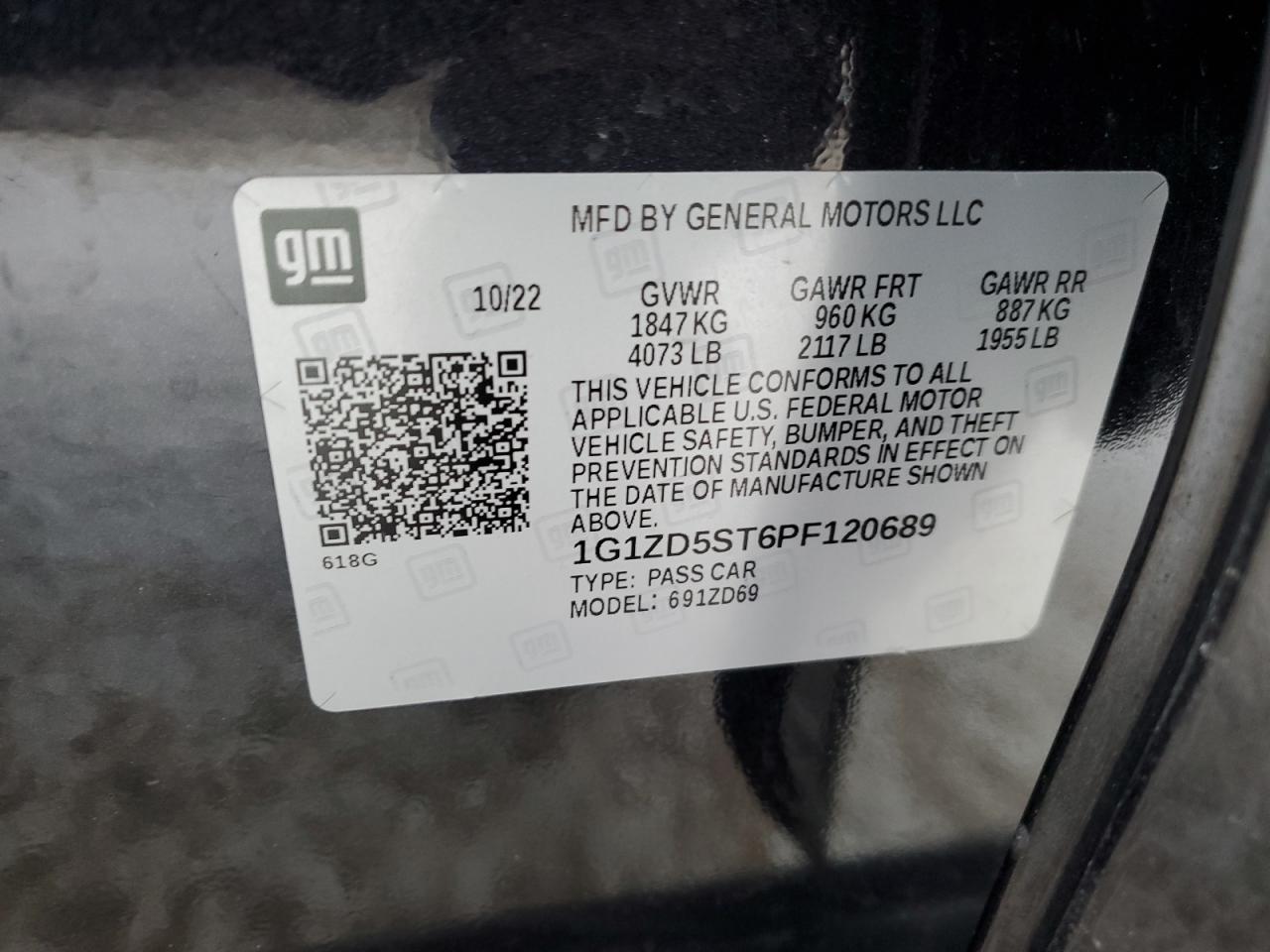 2023 CHEVROLET MALIBU LT VIN:1G1ZD5ST6PF120689