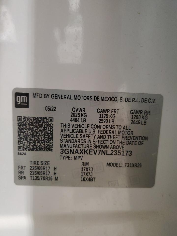 2022 CHEVROLET EQUINOX LT VIN:3GNAXKEV7NL235173