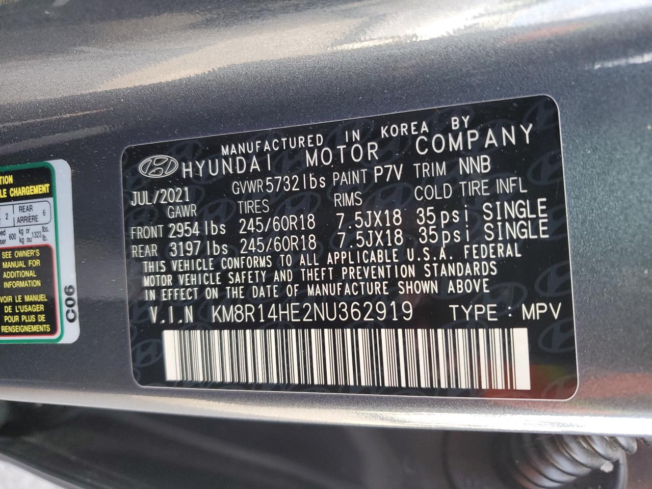 2022 HYUNDAI PALISADE SE VIN:KM8R14HE2NU362919